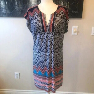 Laundry By Shelli Segal Navy Blue White Orange Print Shift Dress Size S
